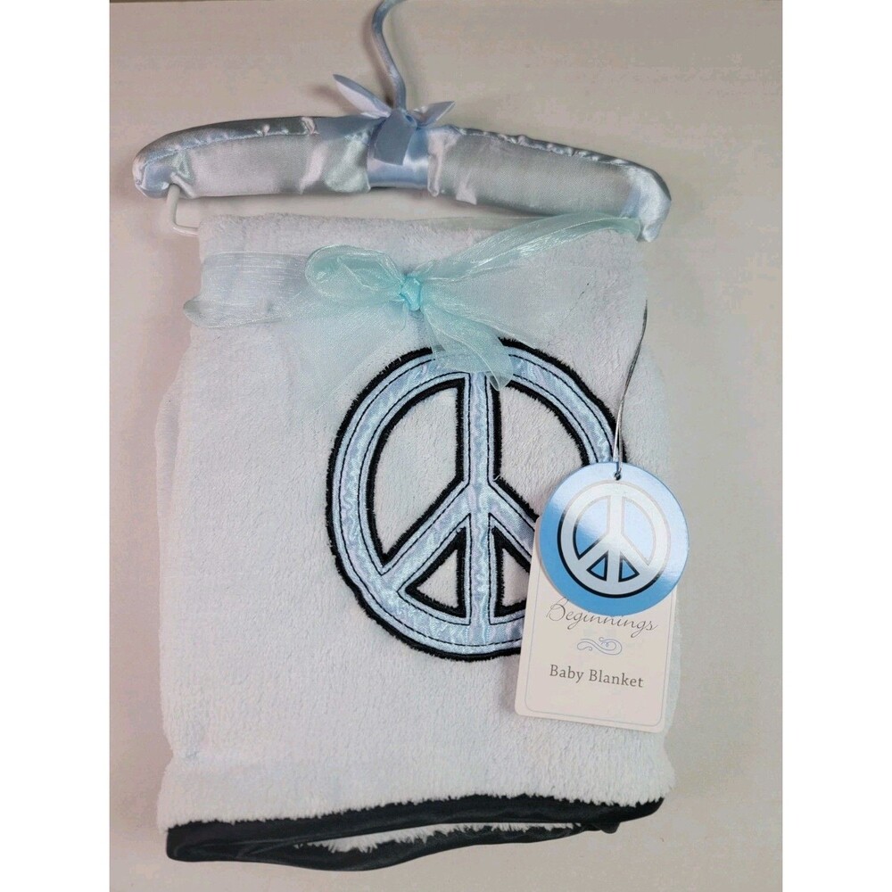 Little Beginnings Baby Blanket Blue Peace Sign Plush Fleece NWT Unisex